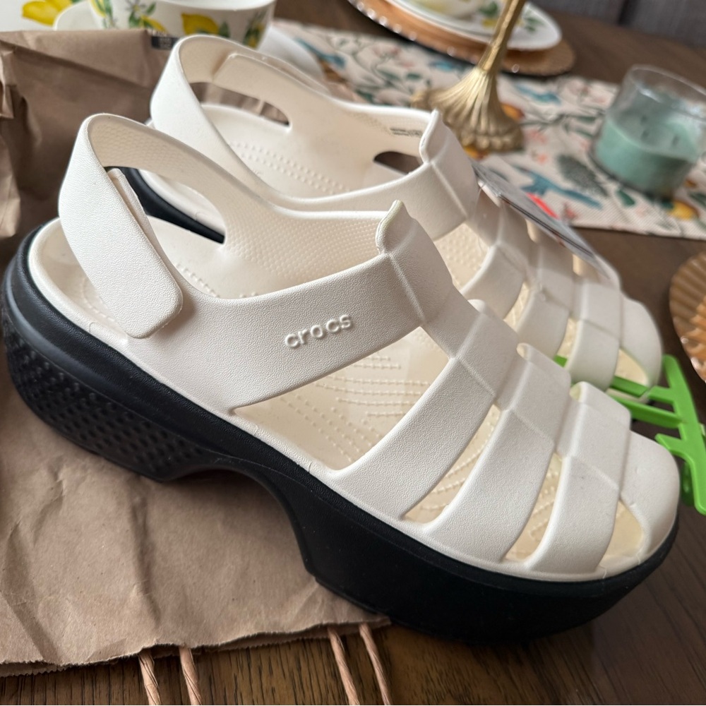 CROCS Cream and Black Sandals with Strappy Design